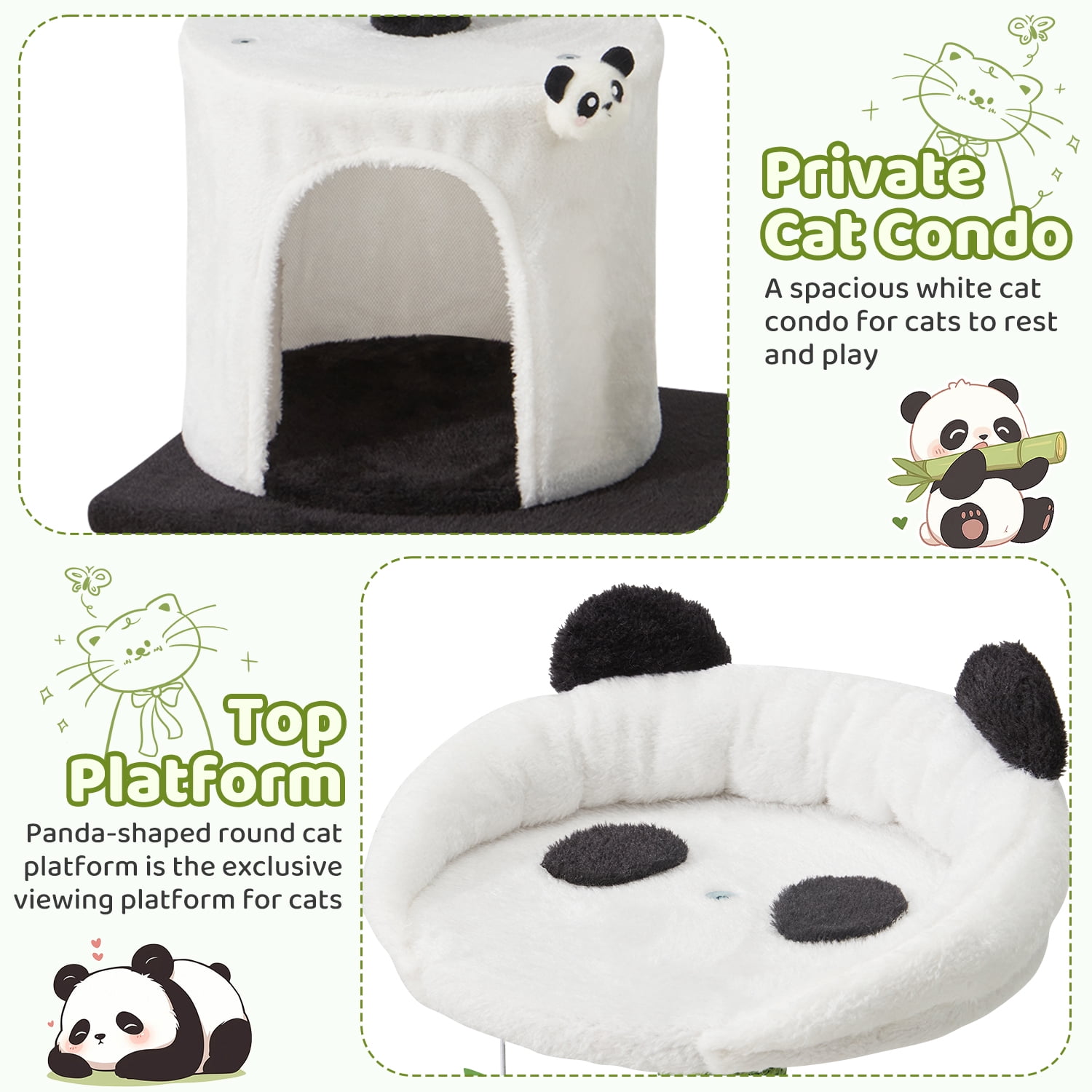 30.7" Cute Panda Cat Tree Bamboo Scratching Post Condo with Self Groomer Small