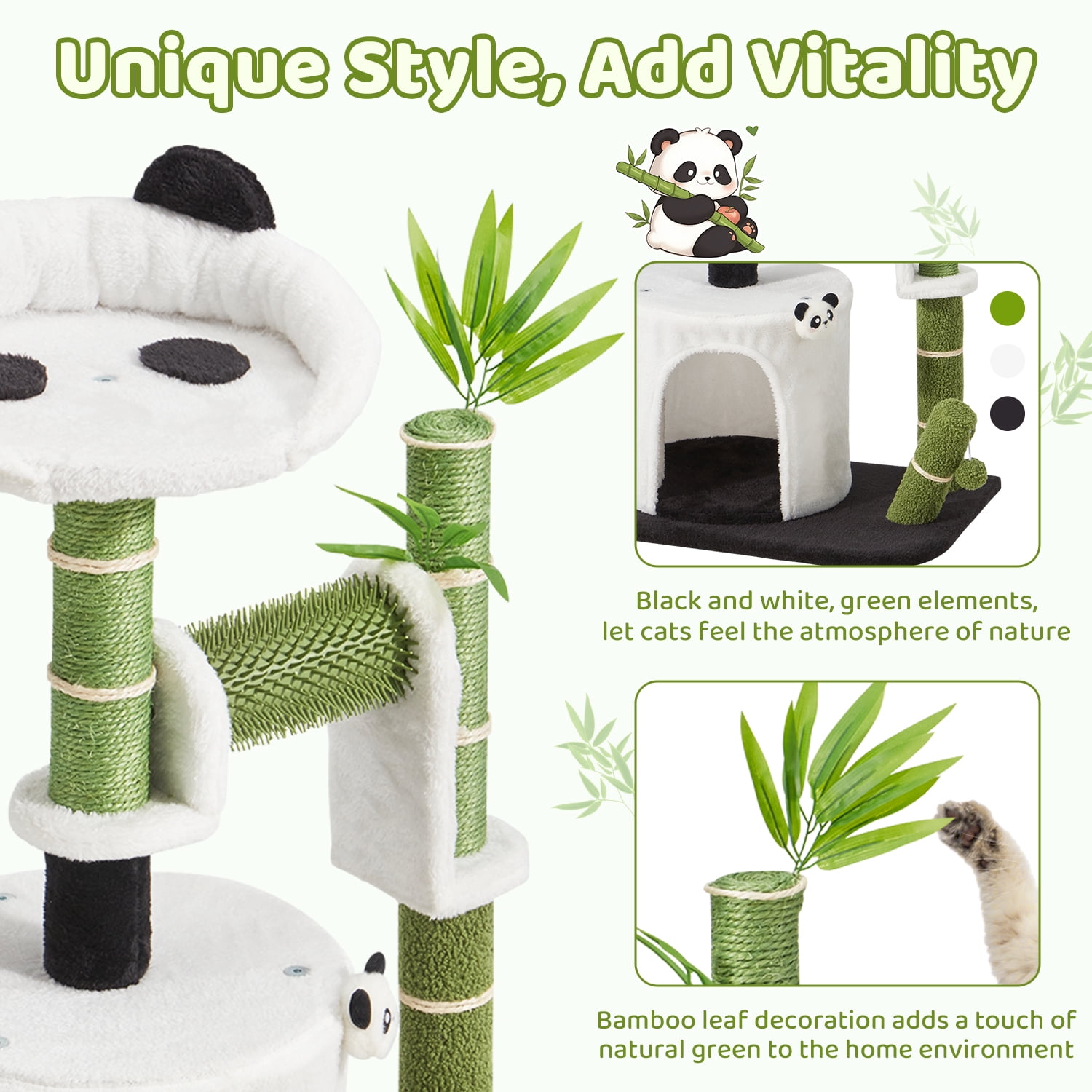 30.7" Cute Panda Cat Tree Bamboo Scratching Post Condo with Self Groomer Small