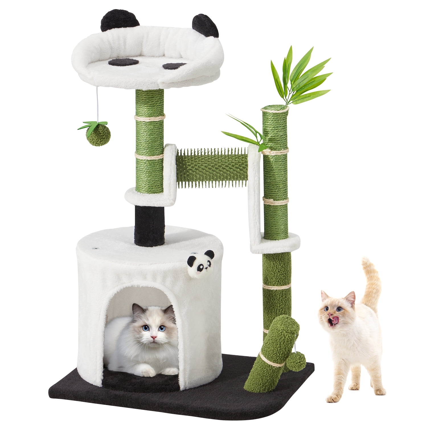 30.7" Cute Panda Cat Tree Bamboo Scratching Post Condo with Self Groomer Small