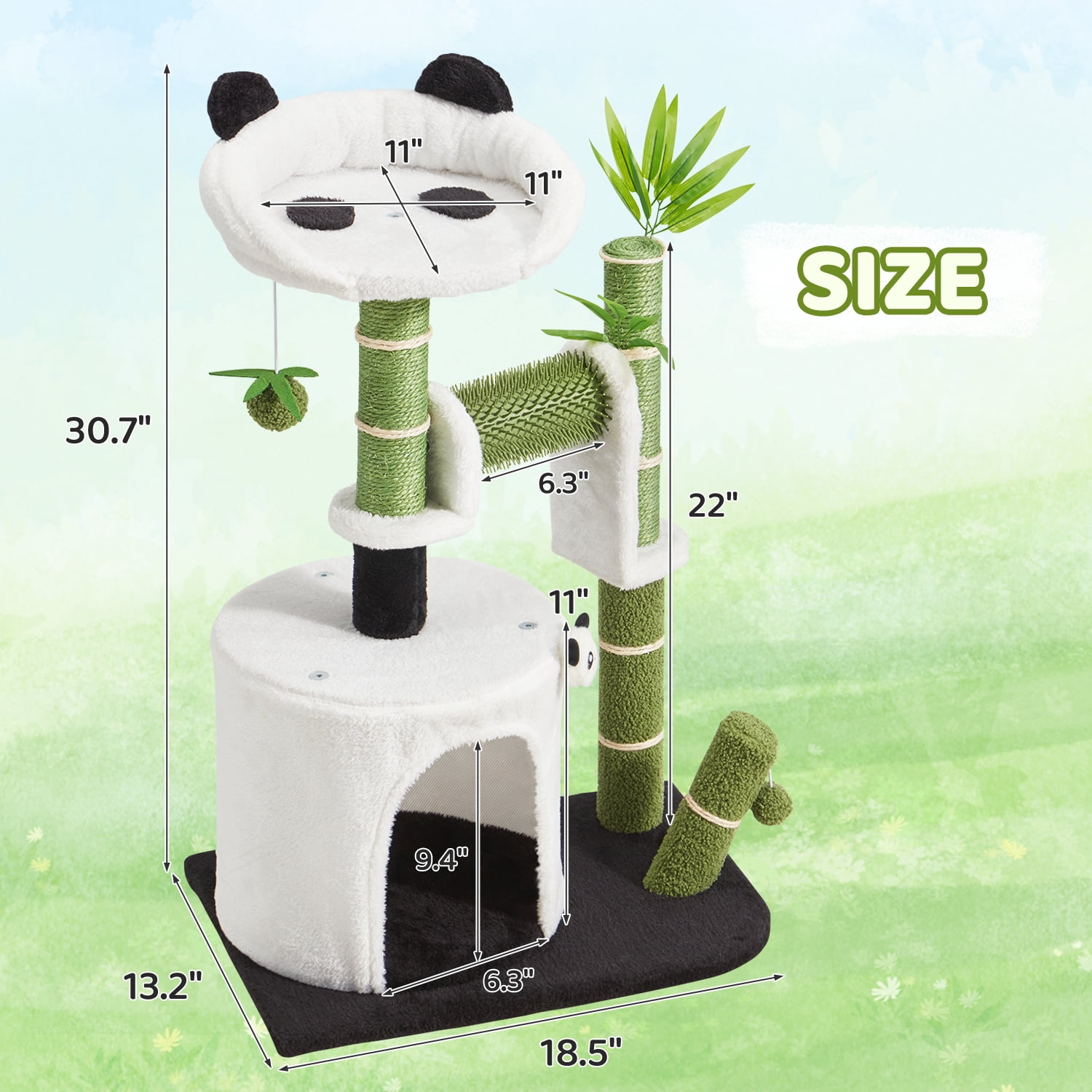 30.7" Cute Panda Cat Tree Bamboo Scratching Post Condo with Self Groomer Small