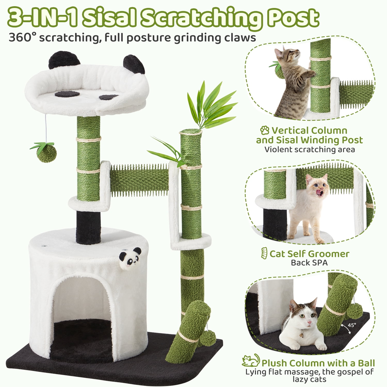 30.7" Cute Panda Cat Tree Bamboo Scratching Post Condo with Self Groomer Small