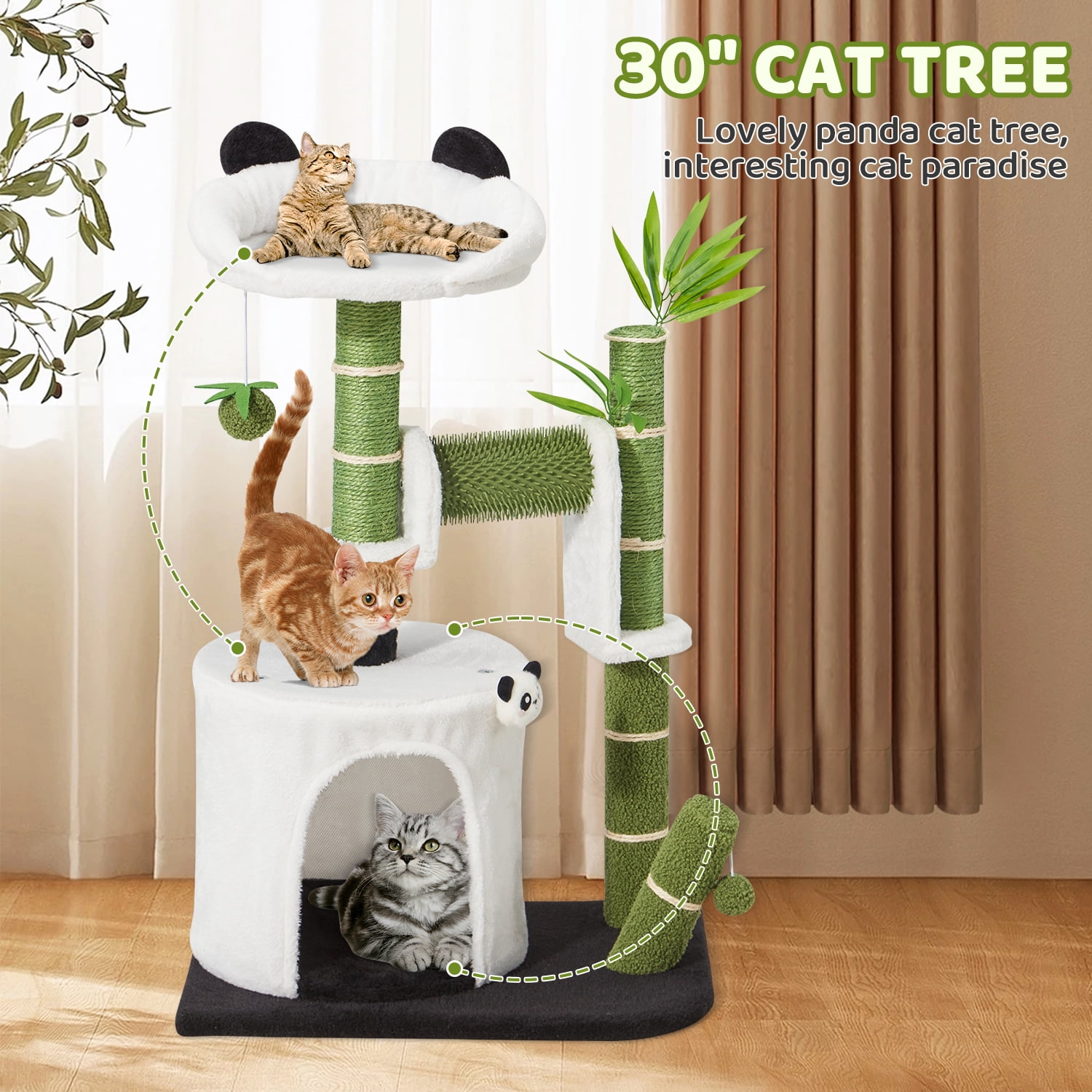 30.7" Cute Panda Cat Tree Bamboo Scratching Post Condo with Self Groomer Small