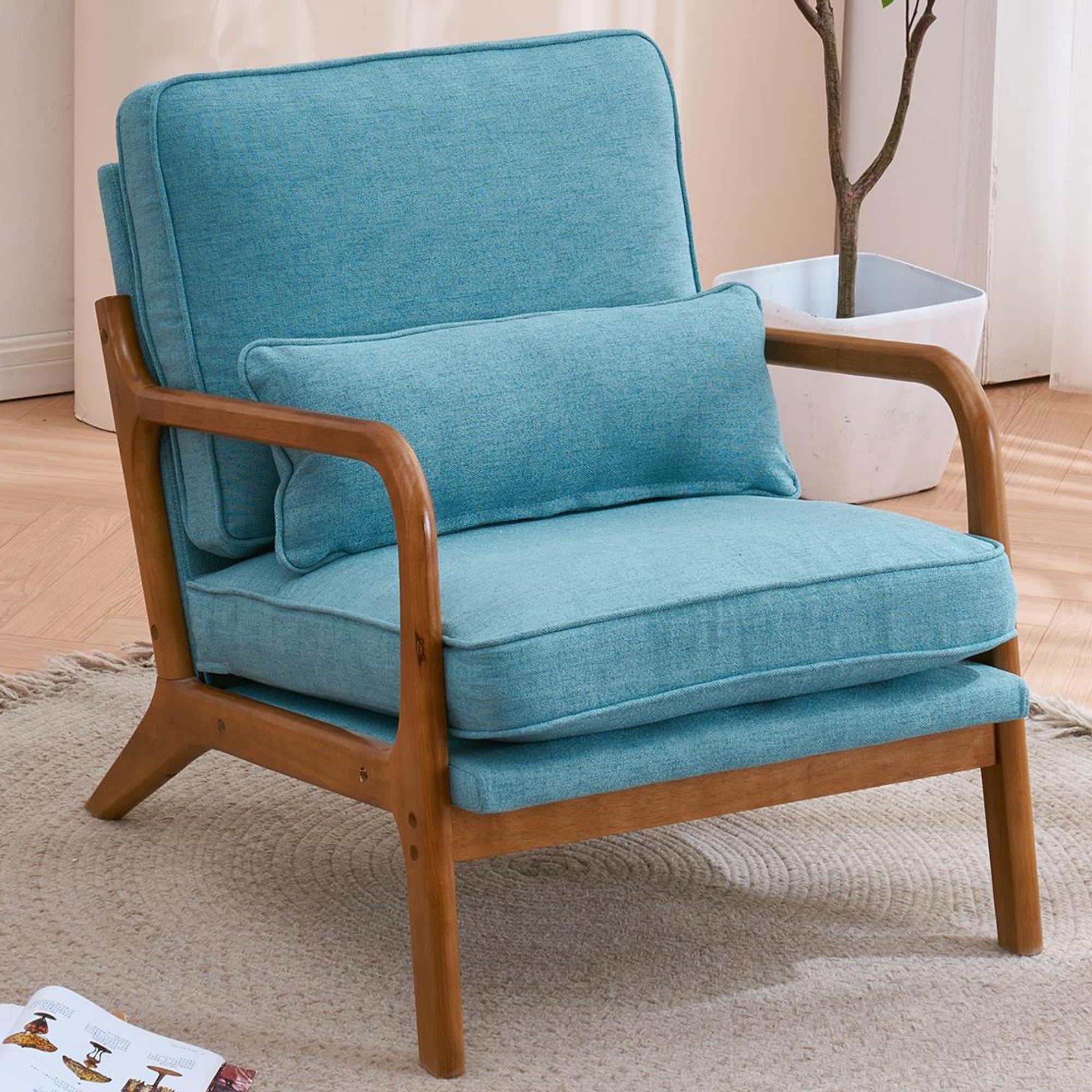 Linen Fabric Upholstered Comfy Reading Accent Chair Wit