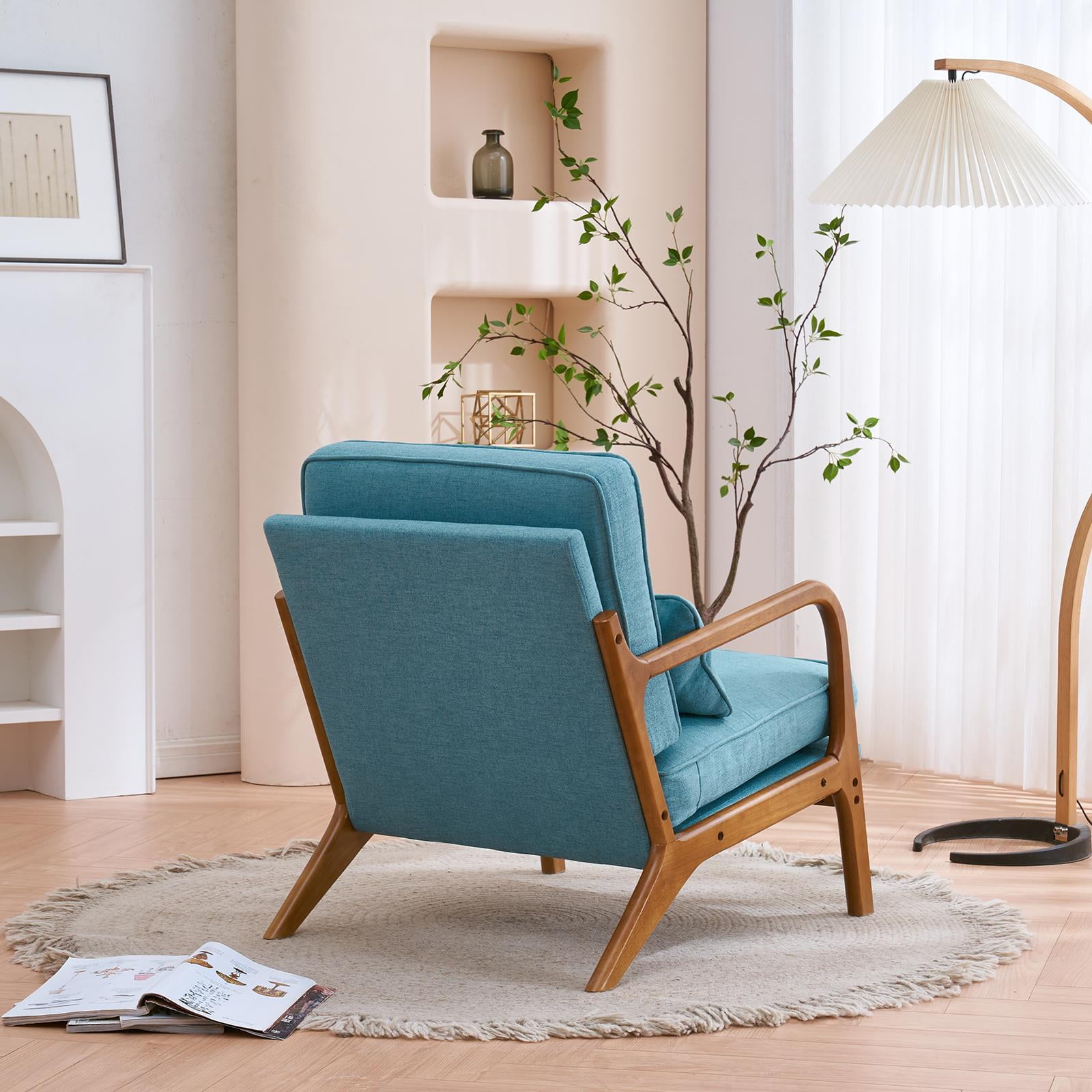 Modern Arm Chair Linen Fabric Upholstered Comfy Reading Accent Chair wit