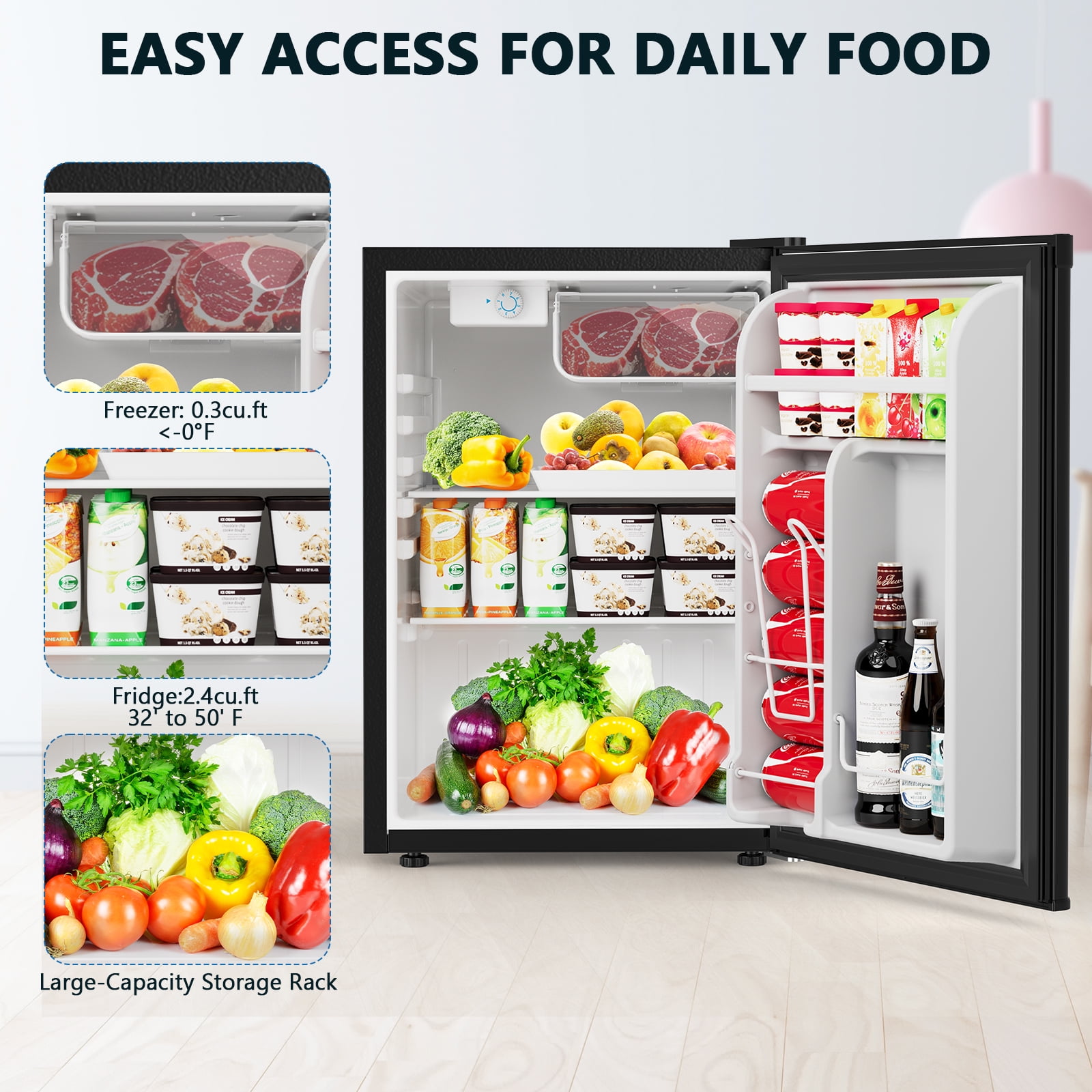 2.6 Cu.ft Mini Fridge with Freezer, Energy Efficient Compact Refrigerator