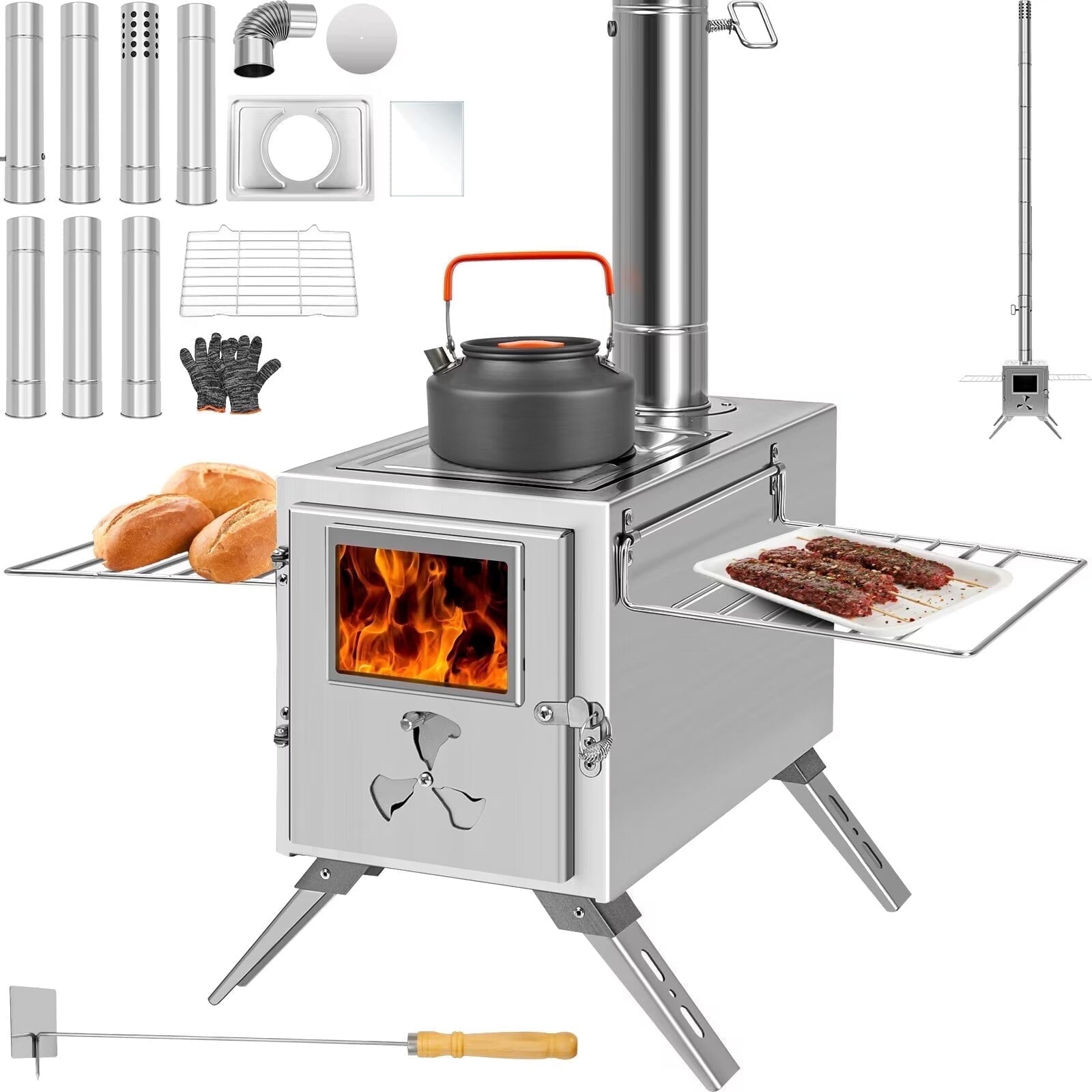 Lilypelle Portable Wood Stove Camping Hot Tent BBQ Stove with 7 Chimney Pipe for
