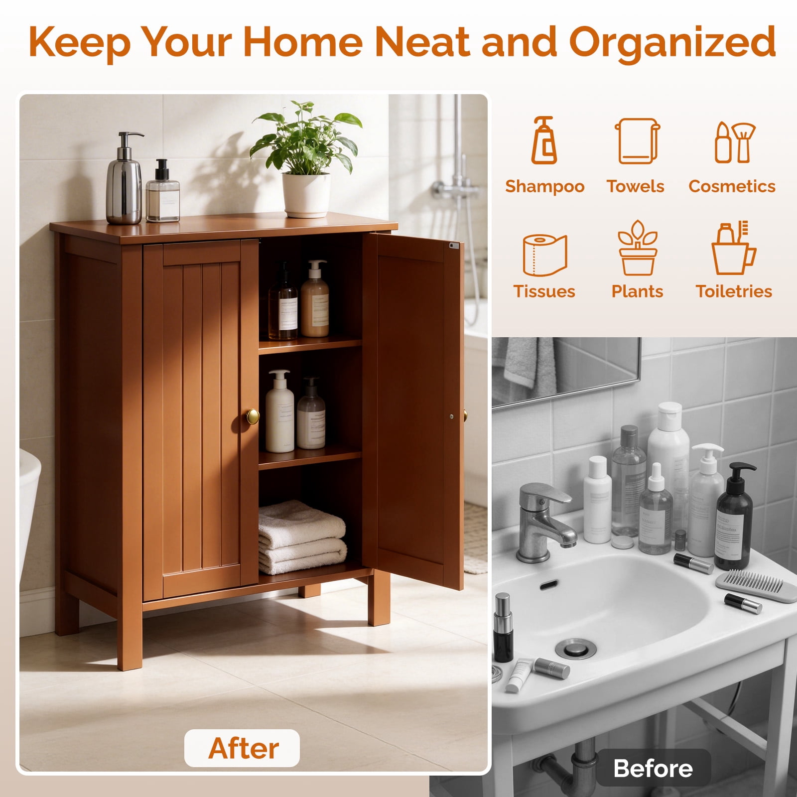 Bathroom Floor Cabinet Storage with 2 Doors and Adjustable Shelves, White
