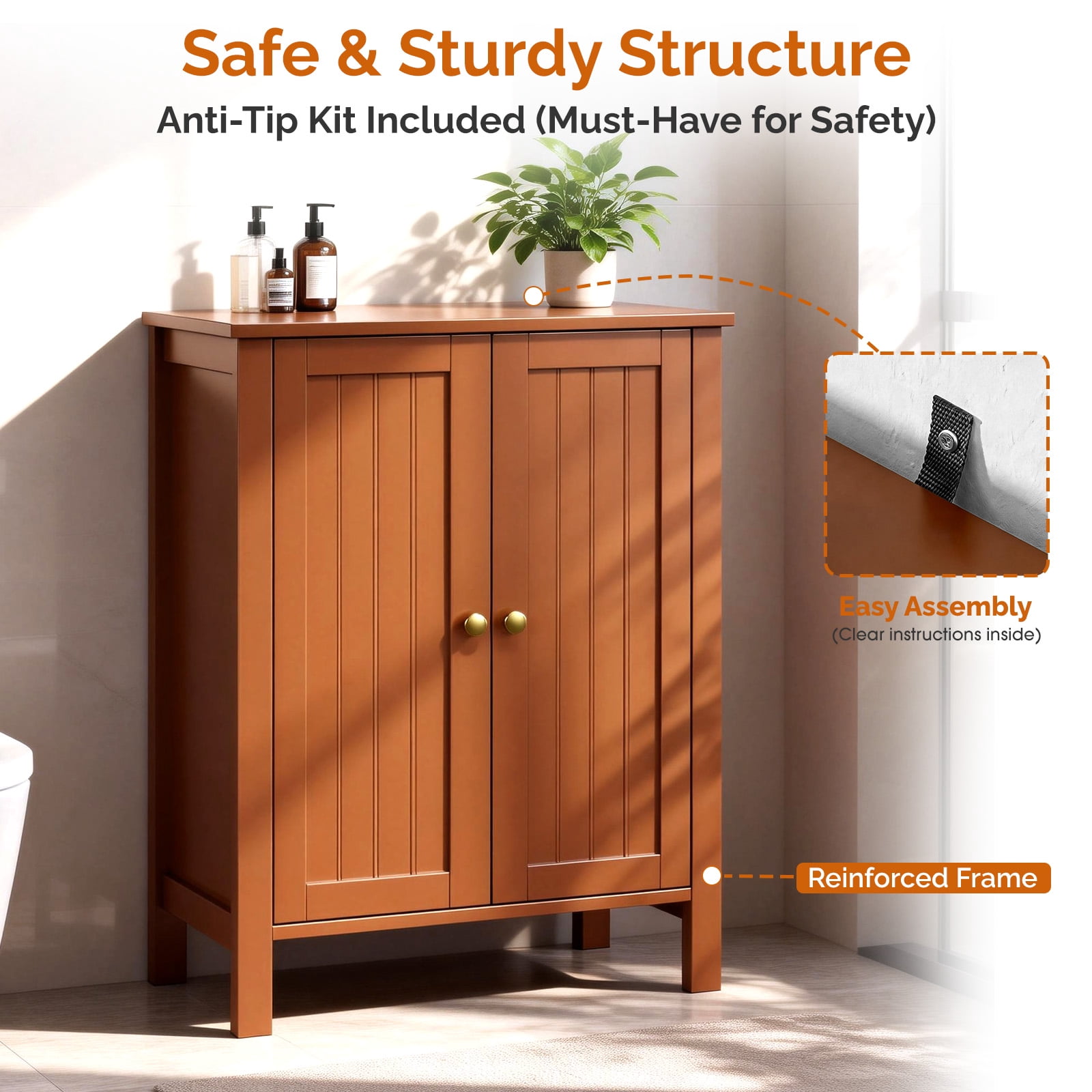 Bathroom Floor Cabinet Storage with 2 Doors and Adjustable Shelves, White