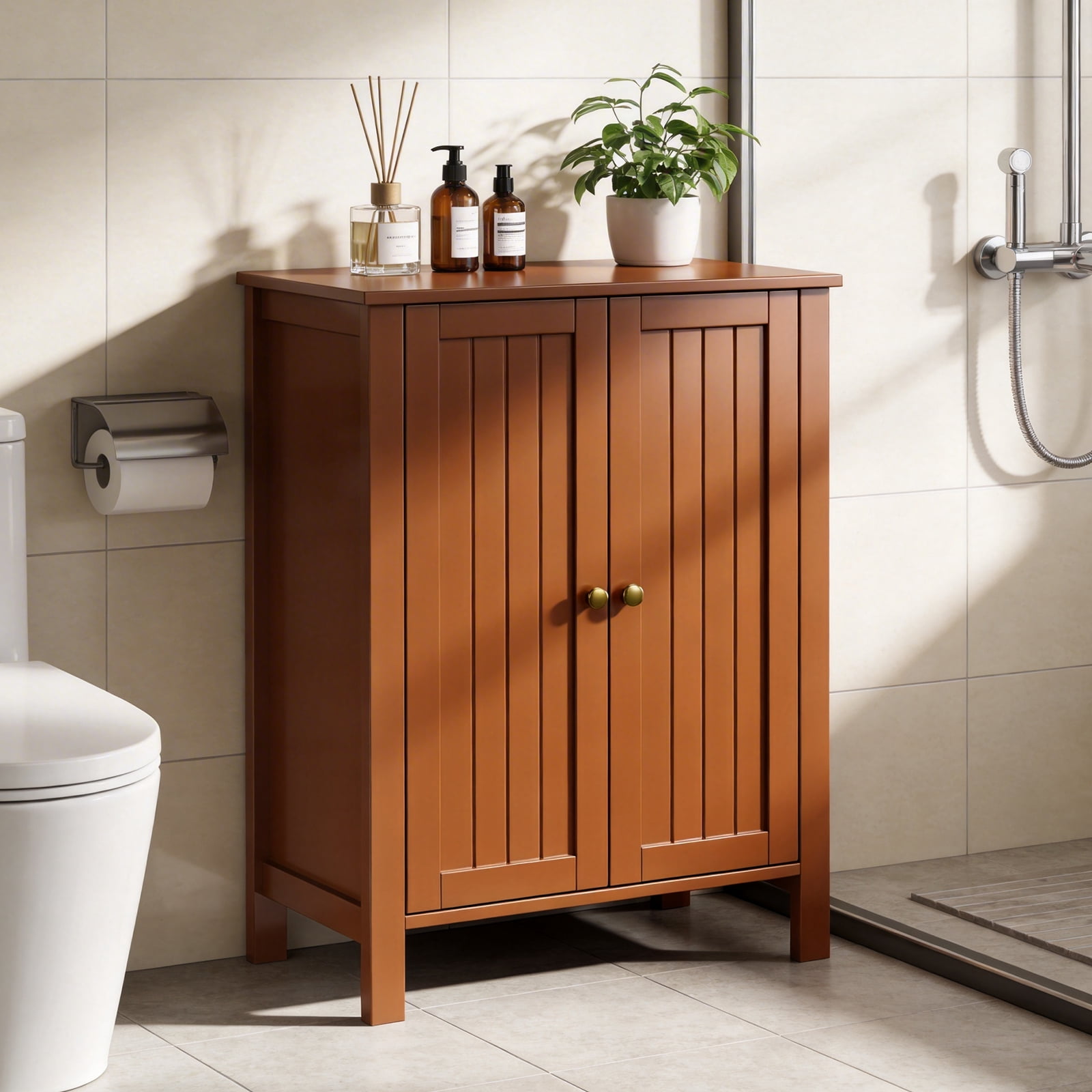 Bathroom Floor Cabinet Storage with 2 Doors and Adjustable Shelves, White