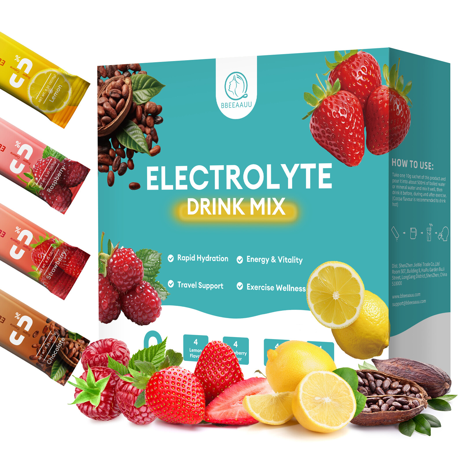 Electrolyte Drink Mix Chocolate+Strawberry+Raspberry+Lemon 16 Ct 1/3 Pack