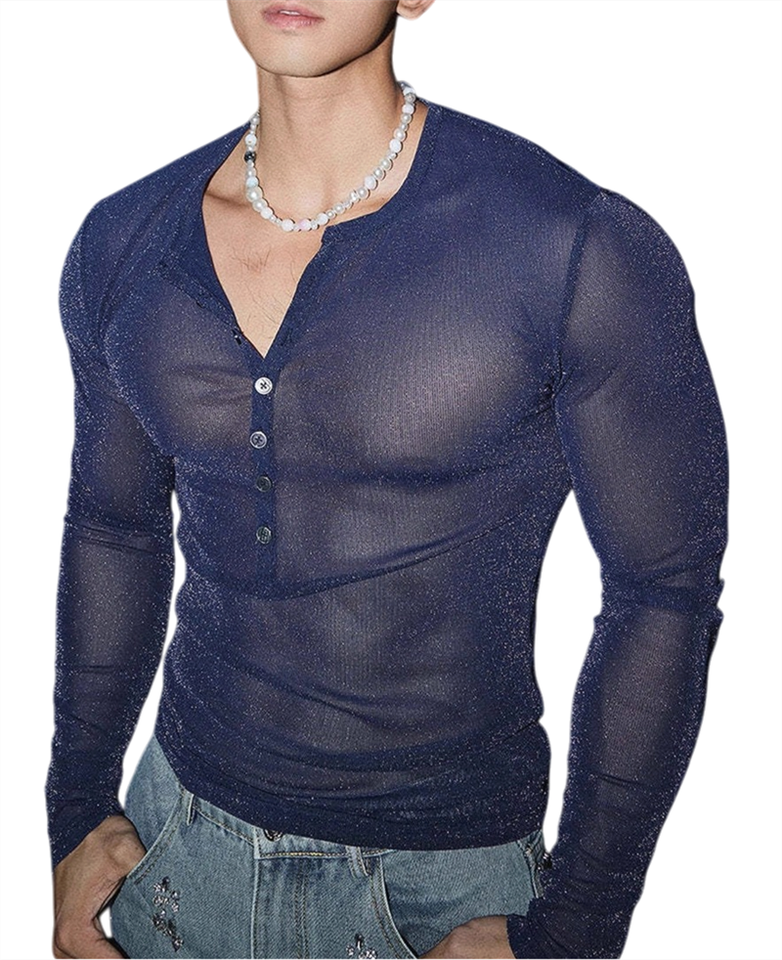 Mens Glitter Shirt Top See Through Lace T-Shirt Sheer Mesh Undershirts