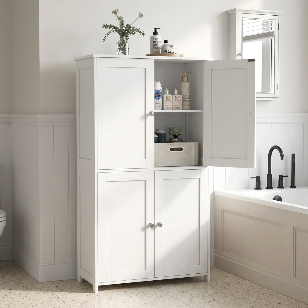 Bathroom Storage Floor Cabinet Organizer with Adjustable Shelf 4 Magnetic