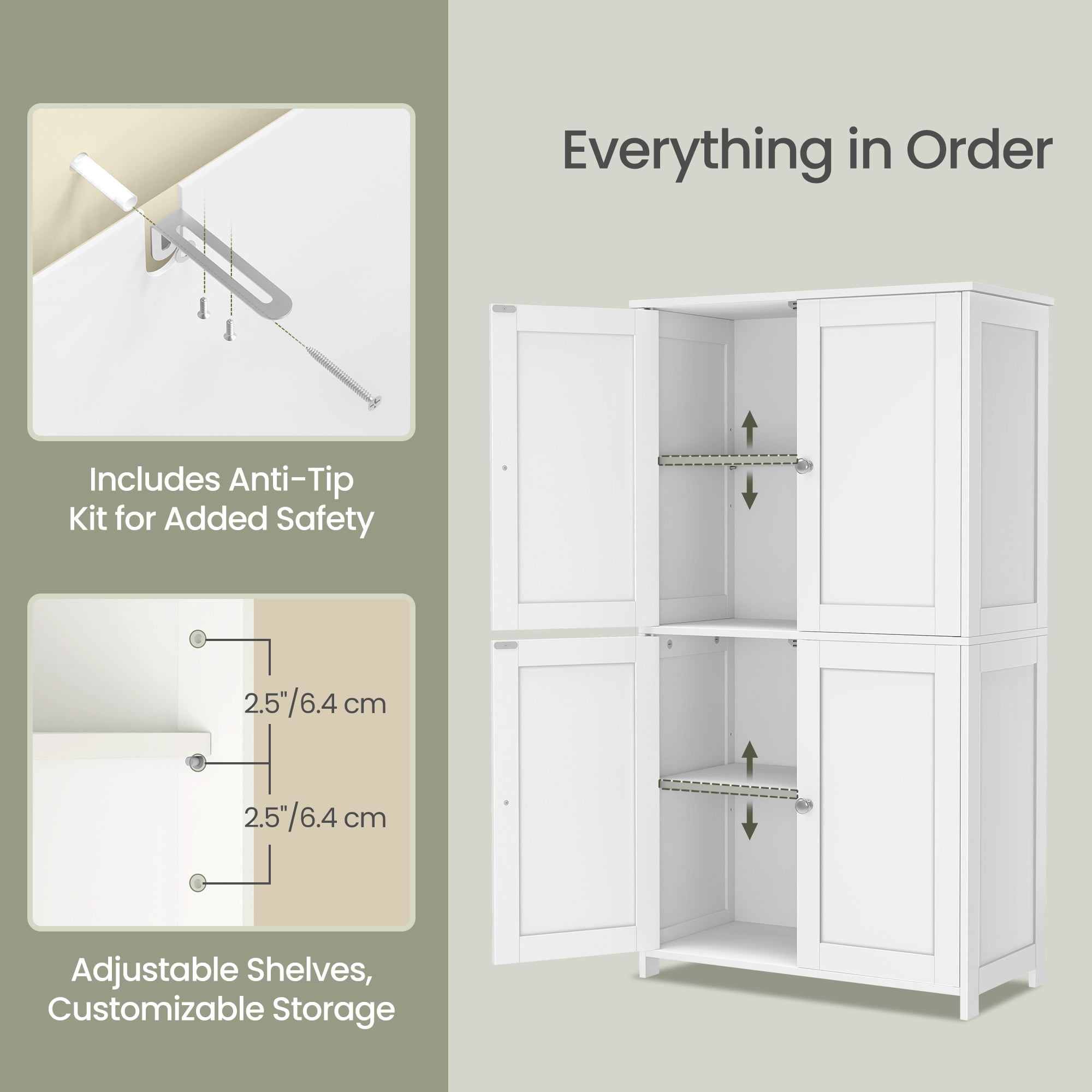 Bathroom Storage Floor Cabinet Organizer with Adjustable Shelf 4 Magnetic