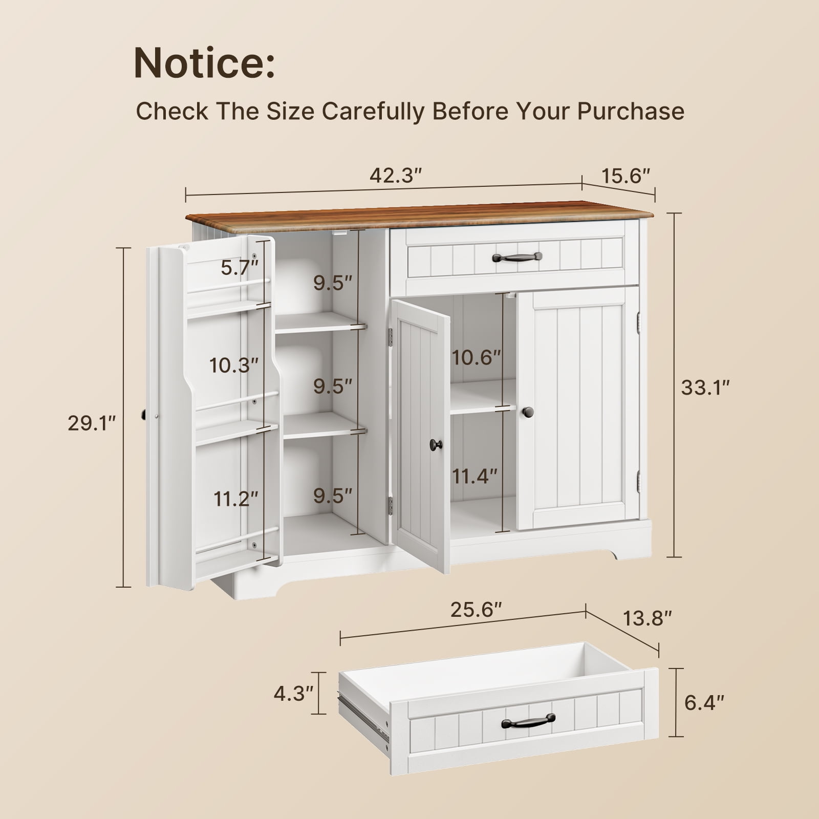 42" Kitchen Storage Cabinet, Sideboard Buffet Cabinet with 8
