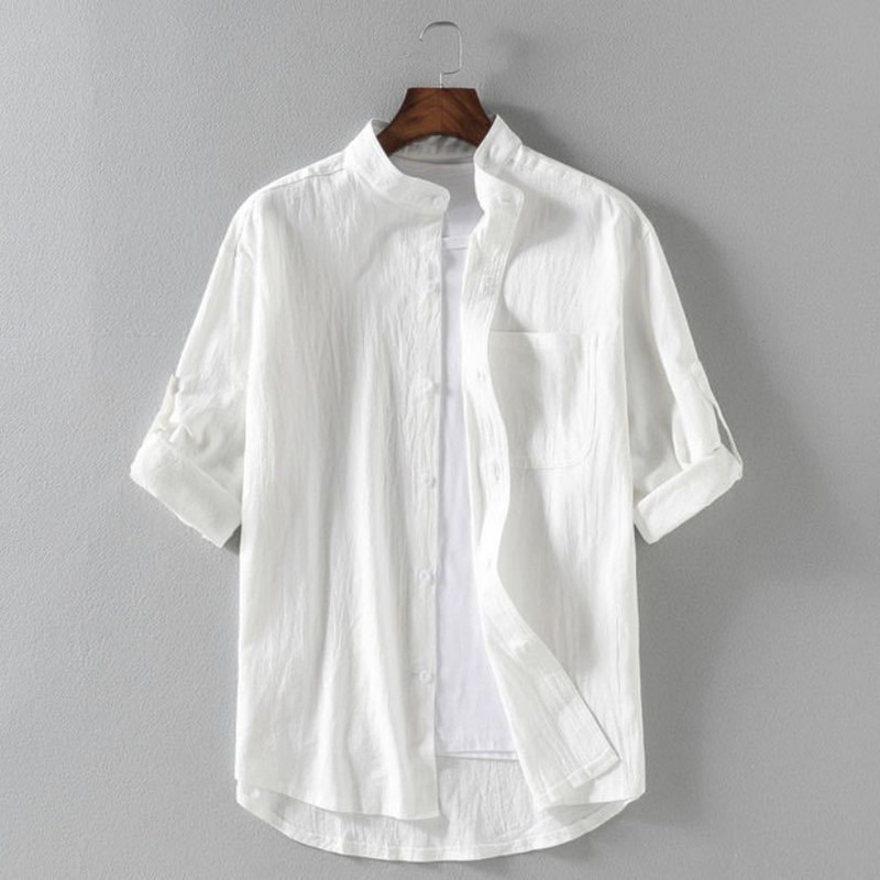 Men’s Linen Stand Collar Five Quarter Sleeve Shirt Cotton Linen Casual Shirt