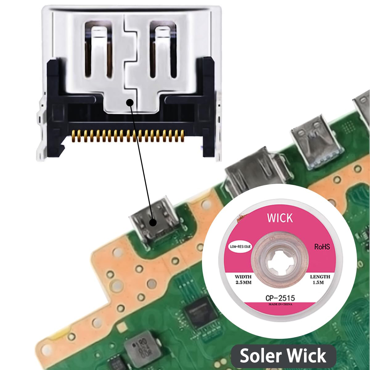 Game Console HDMI Port Replacement for PS5 with Solder Wick