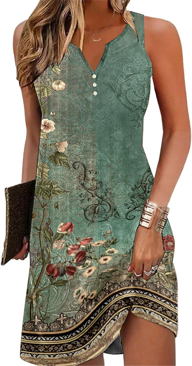 Womens Summer Casual V Neck Sundress Sleeveless A Line Beach Mini Dress Pockets