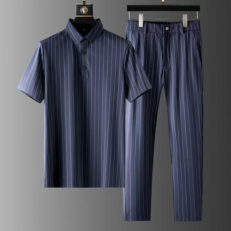 Men’s Summer Casual Comfortable Ice Silk Striped Short Sleeved Pants Set