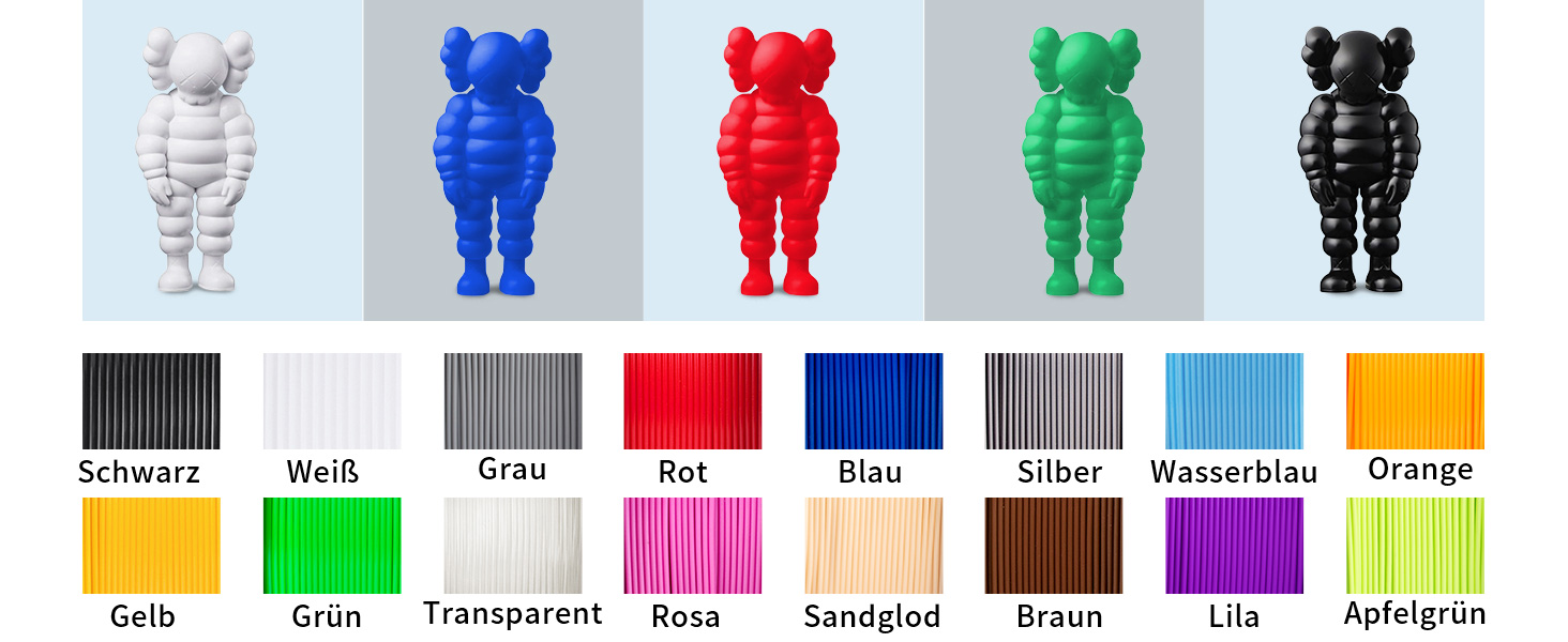 Farbpalette mit Figurenformen in mehreren Farben, darunter Blau, Rot, Grün, Schwarz und Weiß, mit zusätzlichen Farbfeldern, die verschiedene Farboptionen anzeigen.