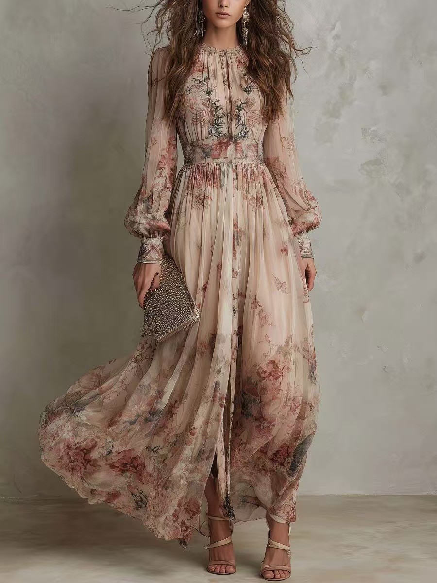 Retro Chiffon Printed Crew-Neck Long-Sleeve Pleated Waist Floral Dress