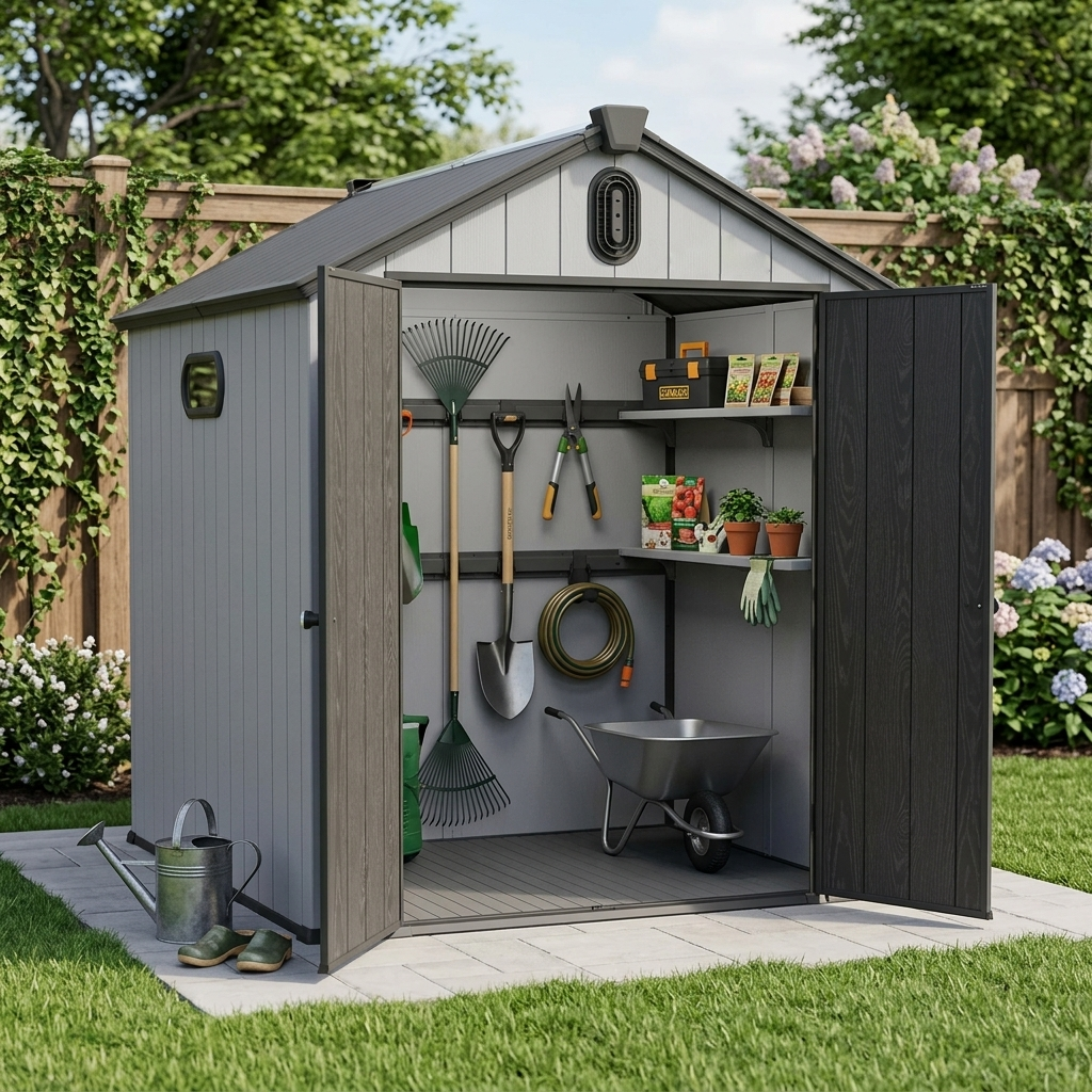 6*8ft resin plastic storage shed for backyard garden big spire Tool storage