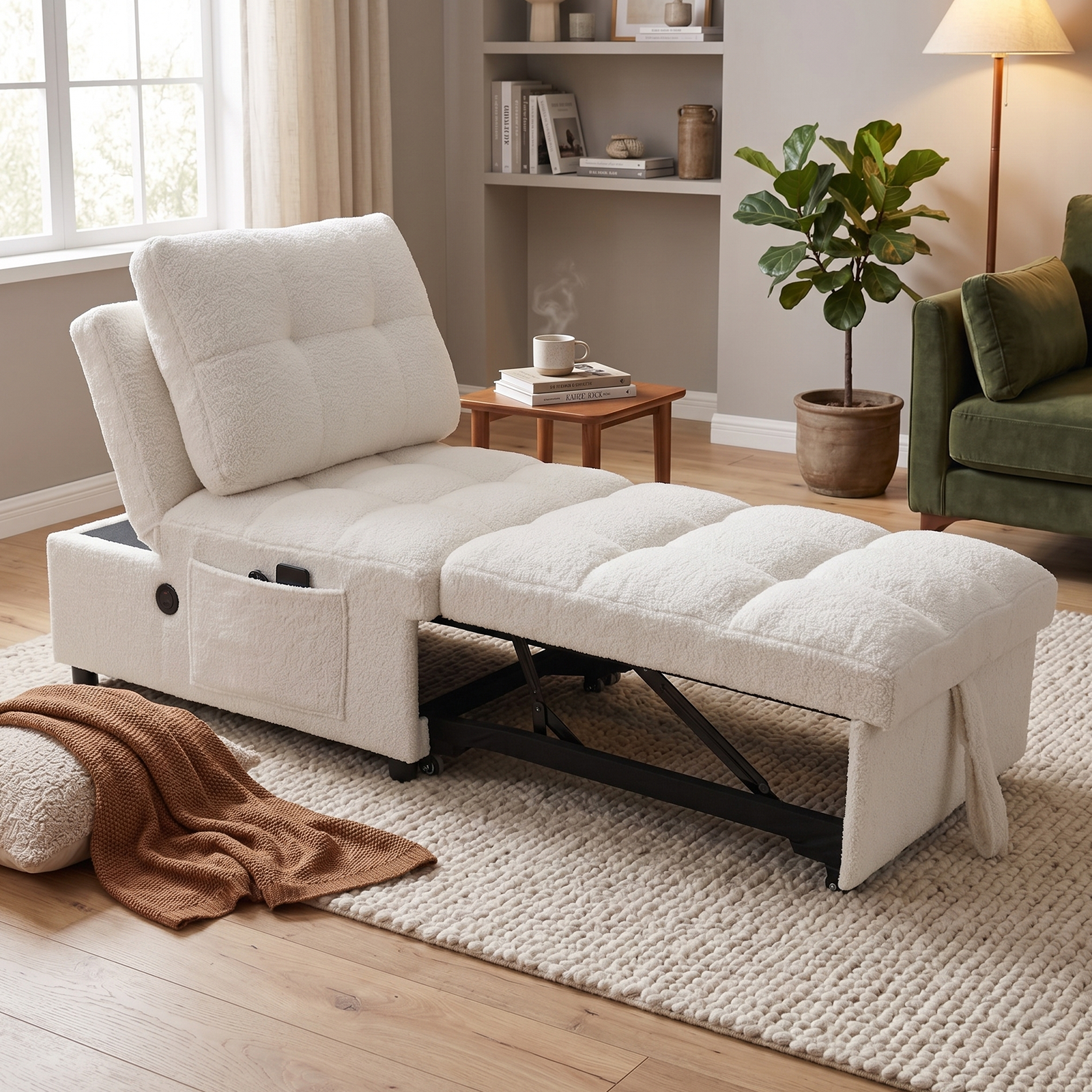 Single sofa bed without armrests, soft teddy fabric texture, skin-friendly, buil