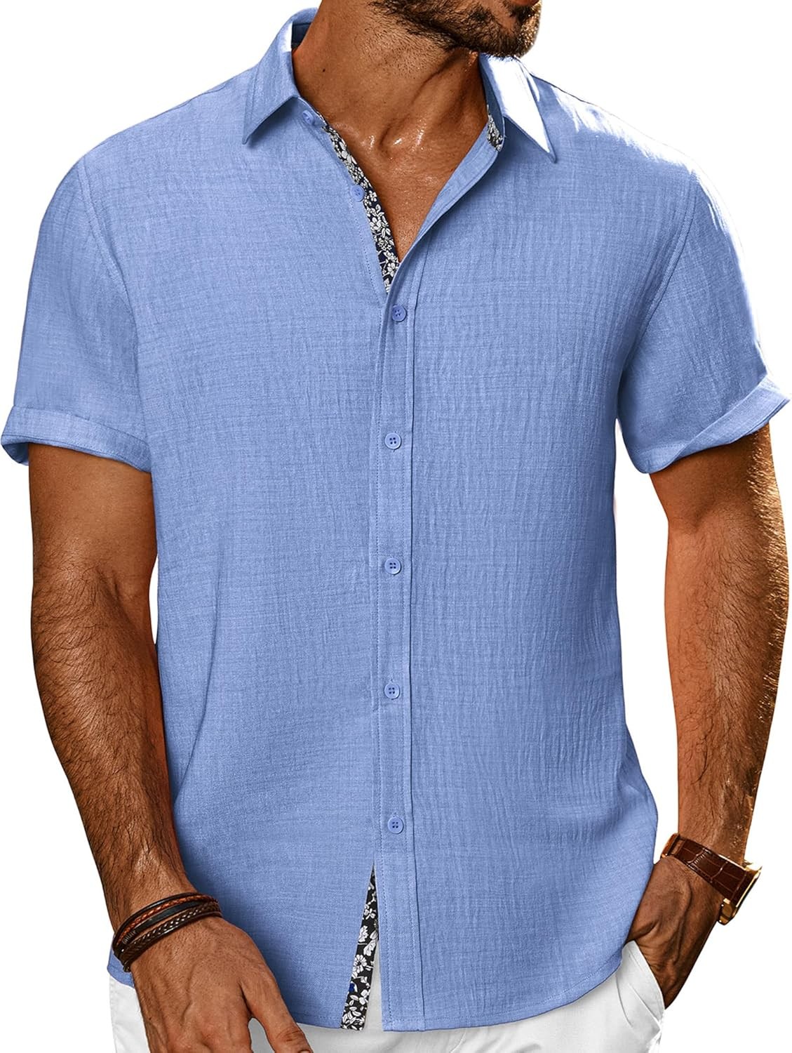 Mens Linen Textured Shirt Short Sleeve Button Down Casual Summer Beach Wedding