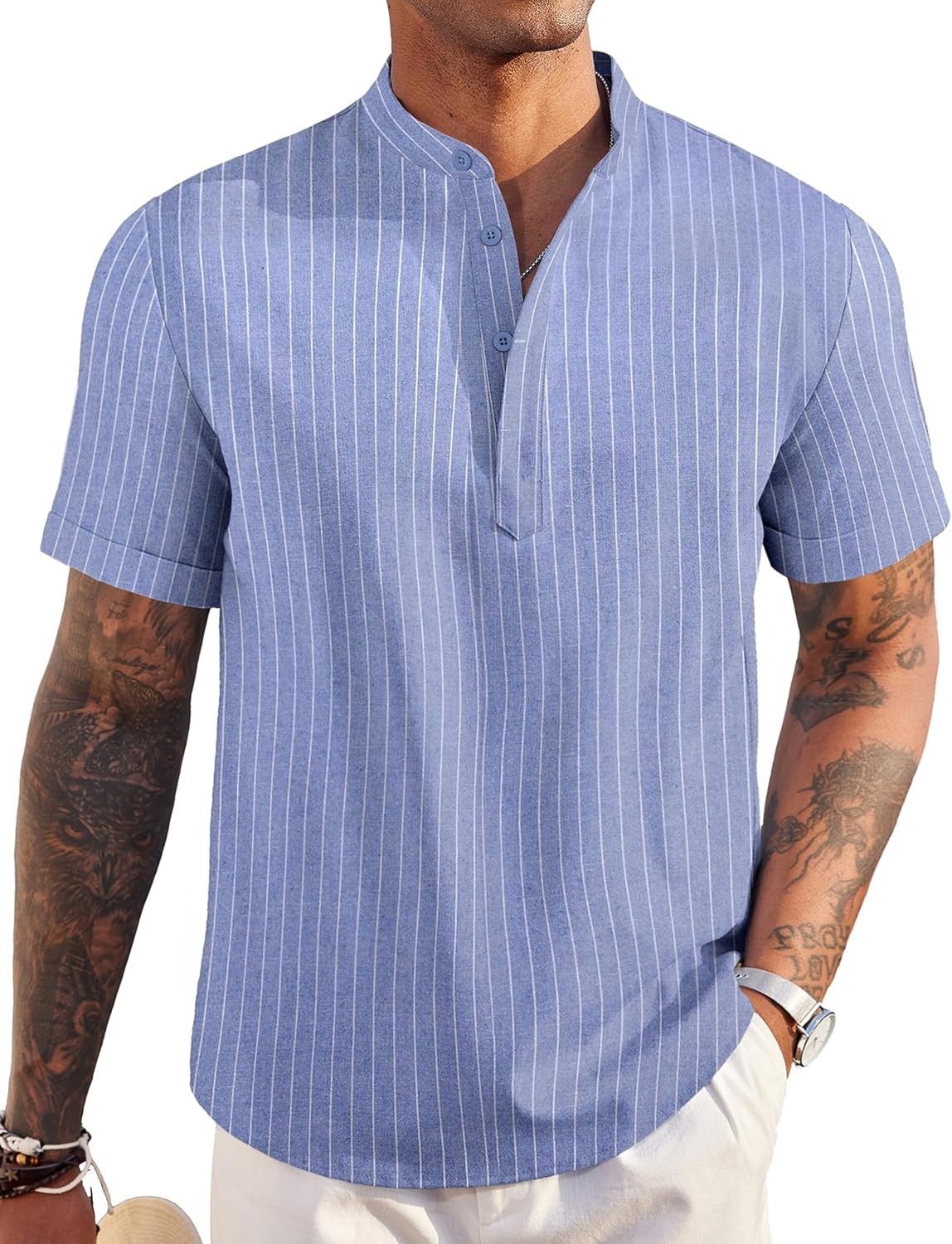 Mens Linen Henley Shirt Short Sleeve Casual Summer Beach Hippie Fashion T Shirts