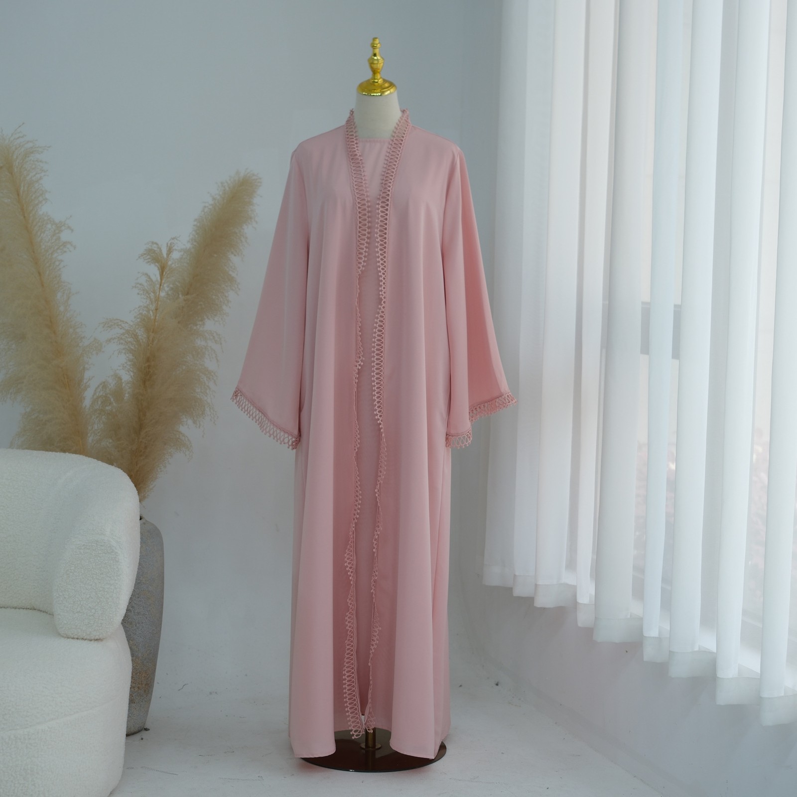 Dubai Women Open Abaya Cardigan Inner Dress Sets 2 Piece Islamic Kimono Kaftan