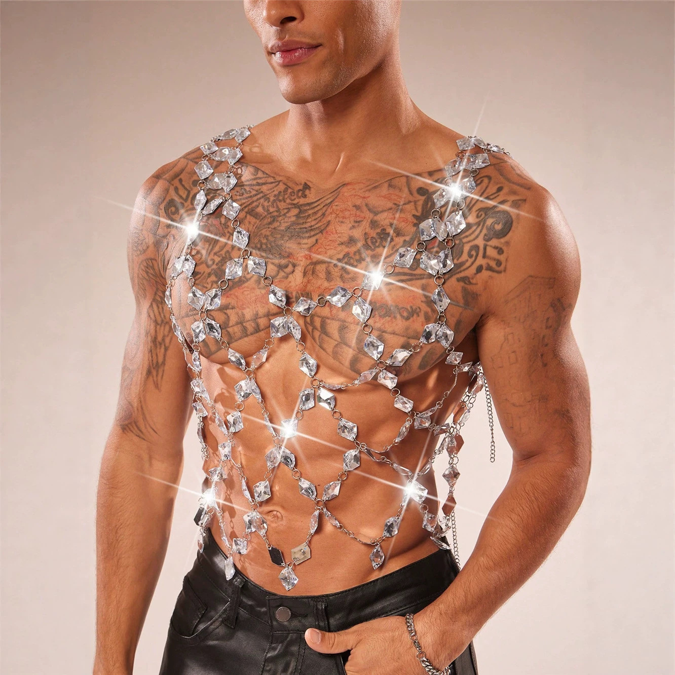 Men Gemstone Vest with Diamond Crystal Hollow Design for Parties Sparkling Top