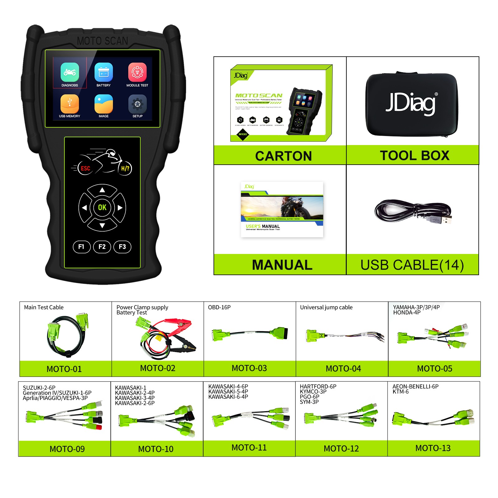 JDiag M100 Pro OBD2 Motorcycle Scanner ABS TPMS WiFi Battery Tester Tool