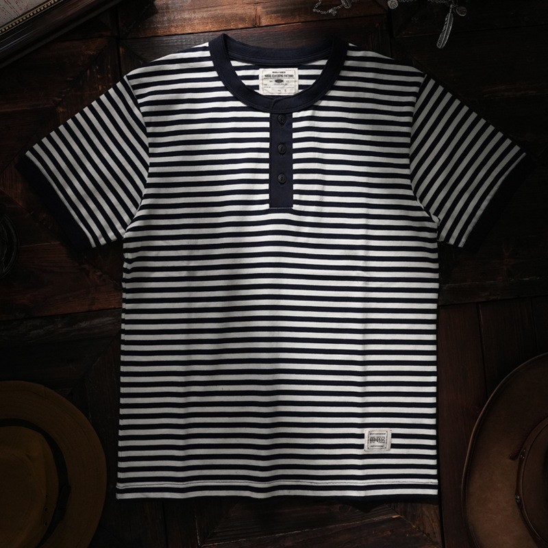 American Tough Guy Style Henry Collar Striped Washed Cotton Short Sleeved Shirt