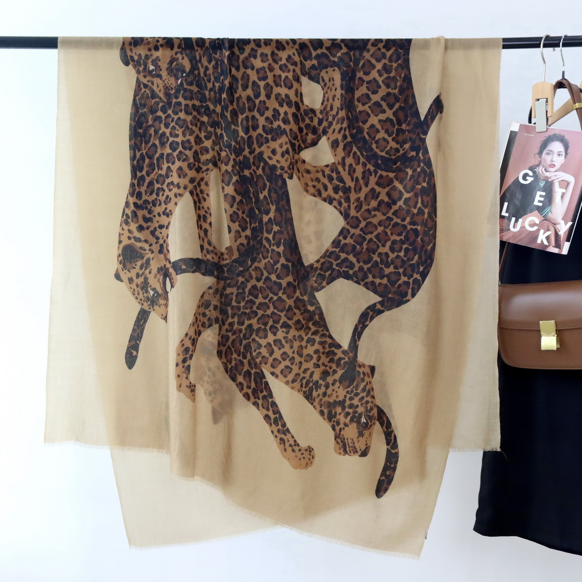 100% wool black & khaki cheetah print scarf fashion women’s shawl 200cm * 100cm