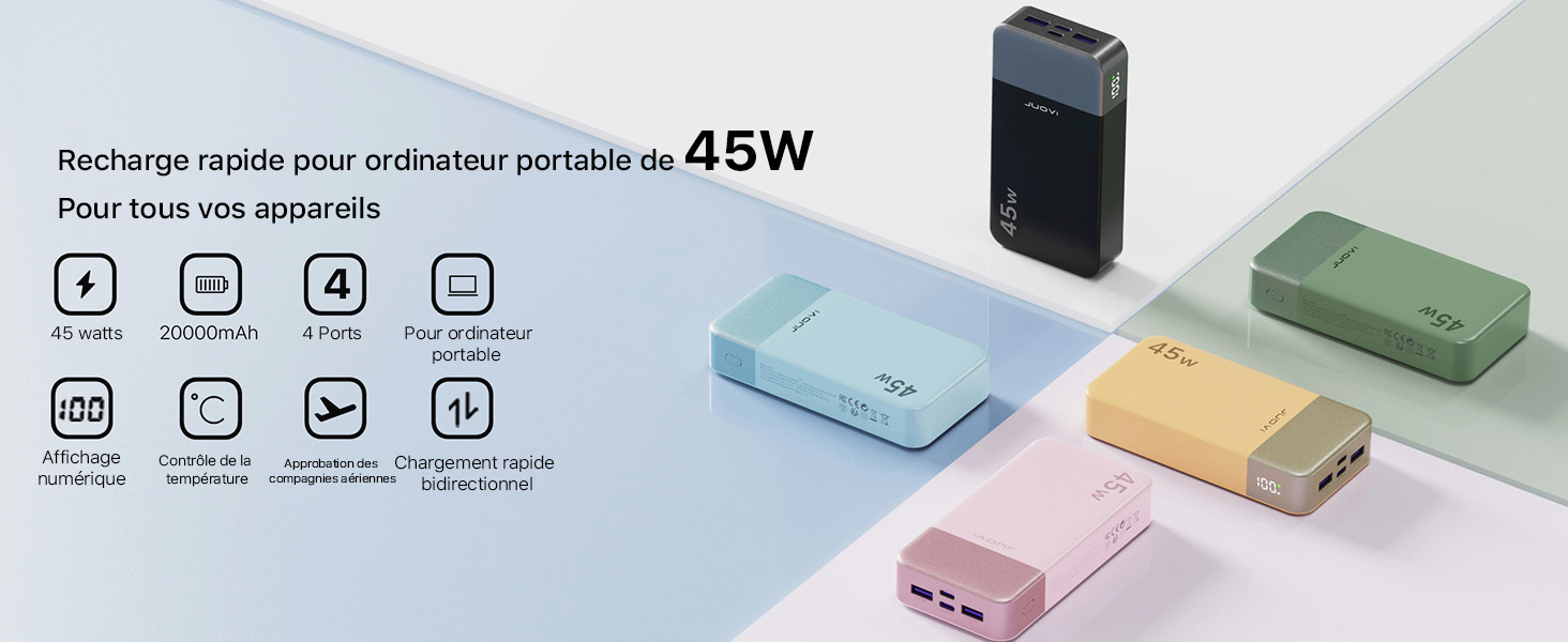 Le texte indique « Recharge rapide pour ordinateur portable de 45W ». Affichage du produit montrant un chargeur portable dans plusieurs couleurs pastel avec des icônes de fonctionnalités.