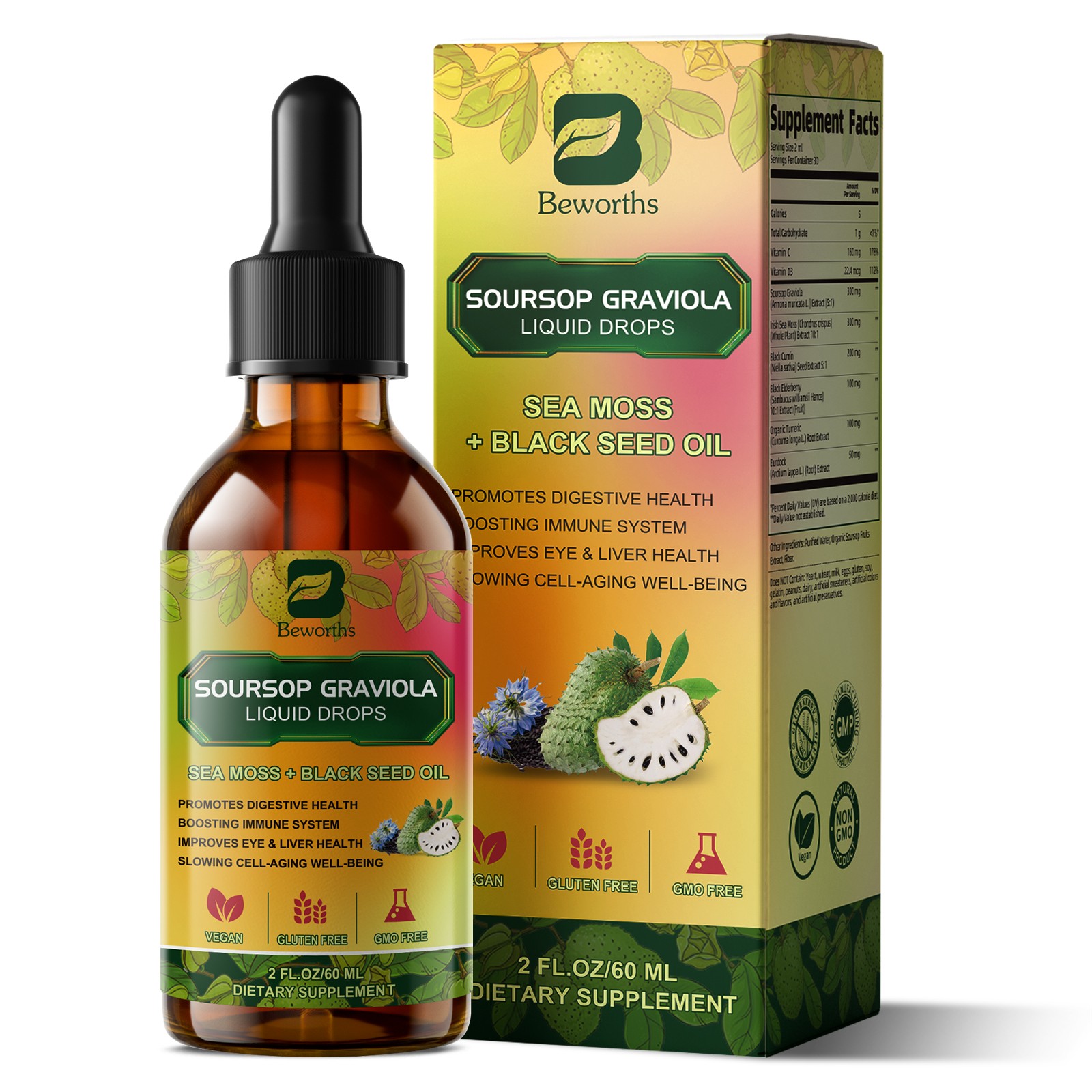 1-4x Soursop Bitters Liquid Drops with Sea Moss Black Seed Oil Turmeric 60mL