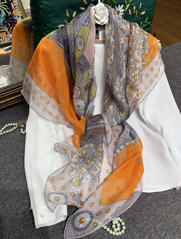 100% Chiffon Silk Wrap Scarf Sarong Beach Hand rolled Horse Print Thin