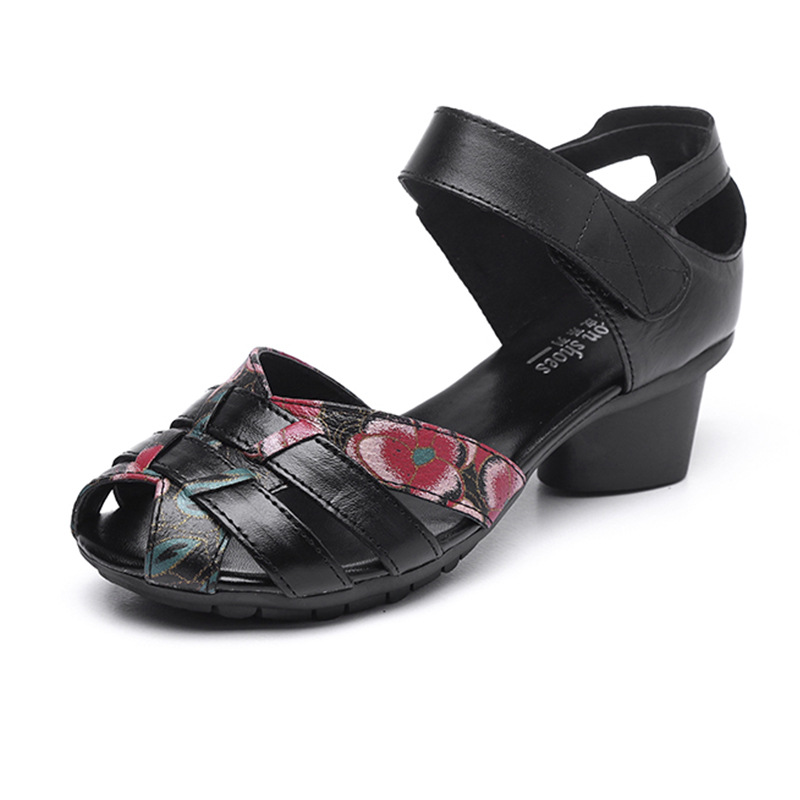 Women Closed Toe Ankle Strap Low Block Heel Red Floral Leather Sandals Shoes