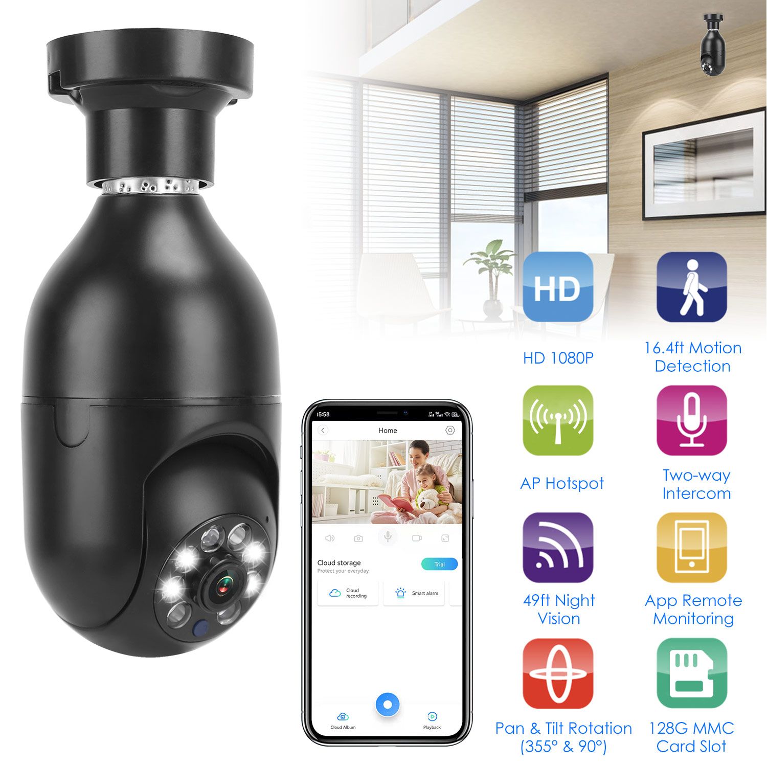1080P FHD E27 Smart WiFi Bulb Camera with Night Vision & Audio