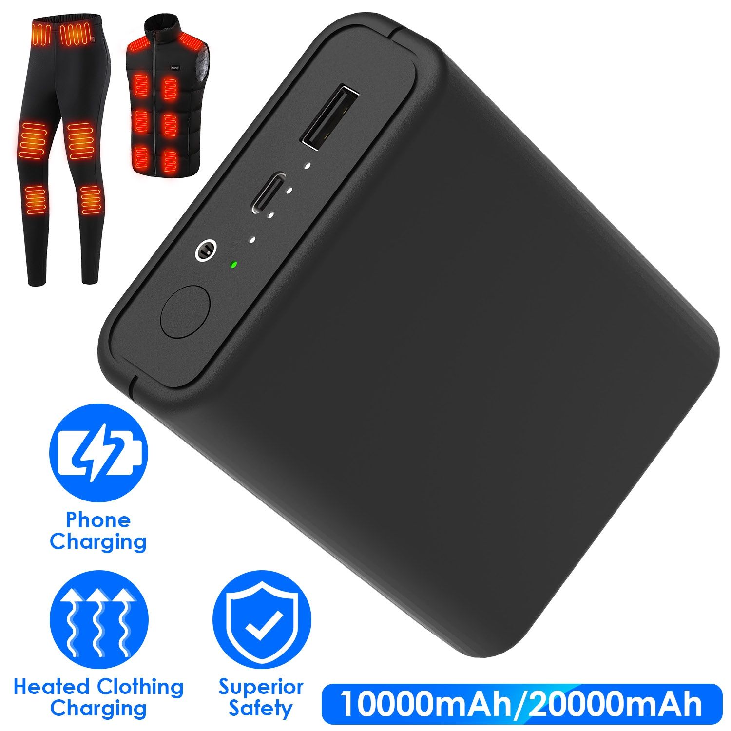 10000/20000mAh 5V 2A Power Bank Heated Clothing Replacement Battery Pack