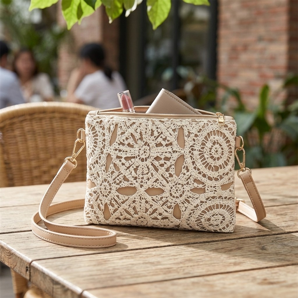 Women Floral Crochet Lace Crossbody Bag Hollow Woven Shoulder Bag Casual Handbag