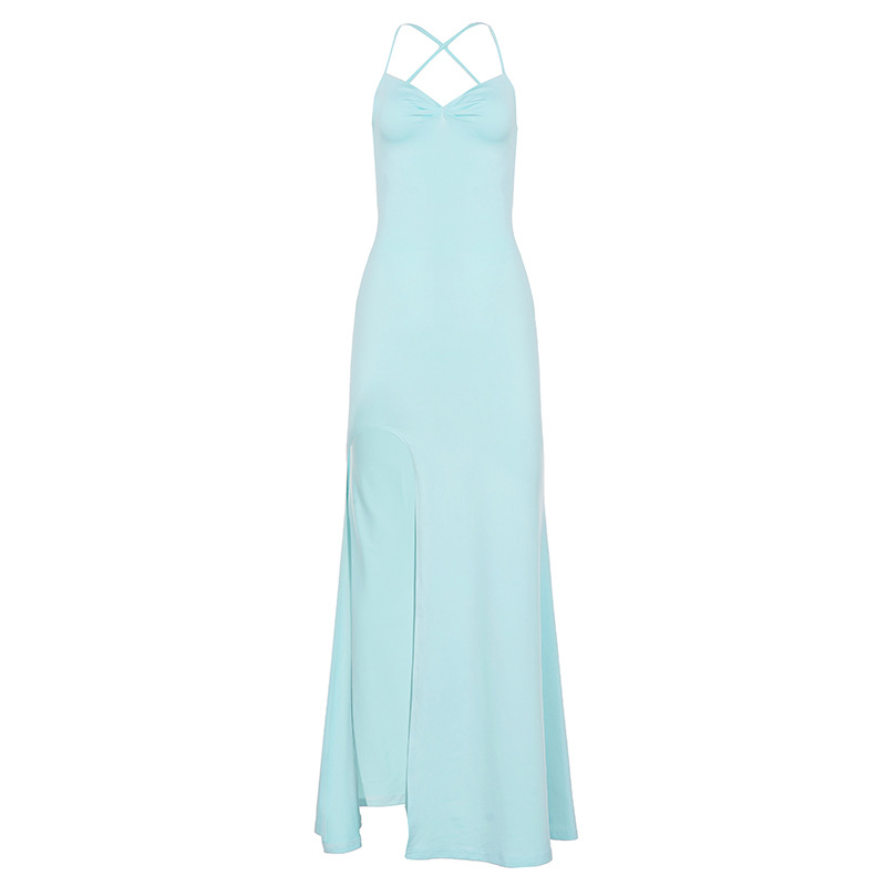 Large Backless Strap Bow Long Skirt Solid Color Slit Dress