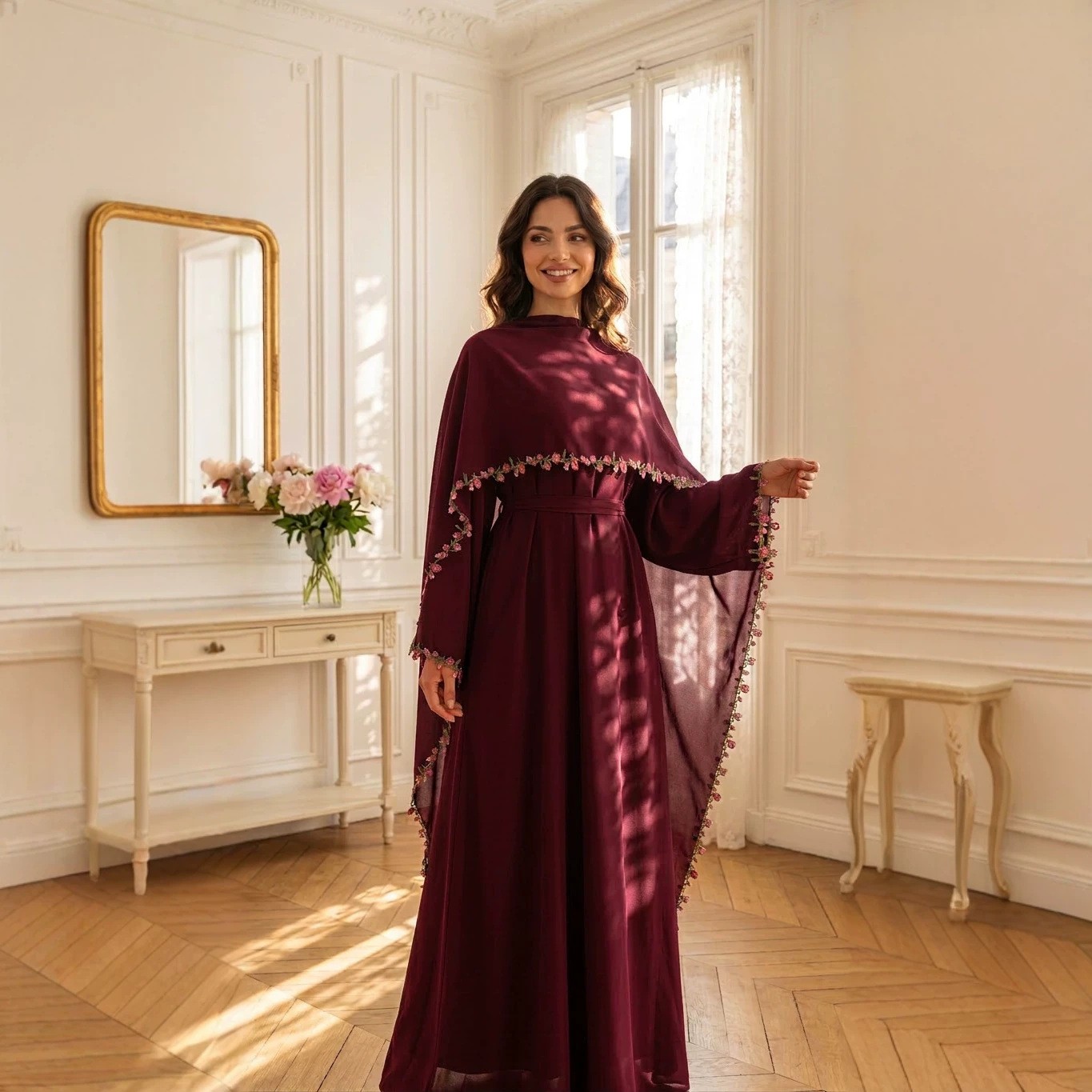 Muslim Luxury Abaya Elegant Women Embroidery Flower Kaftan Dress Scarf Robe Set