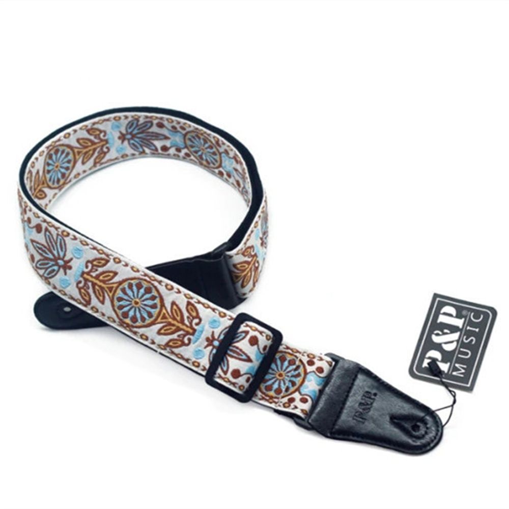 Guitar Strap Cotton Vintage Embroidered Leather Ends for Bass Electric Acoustic