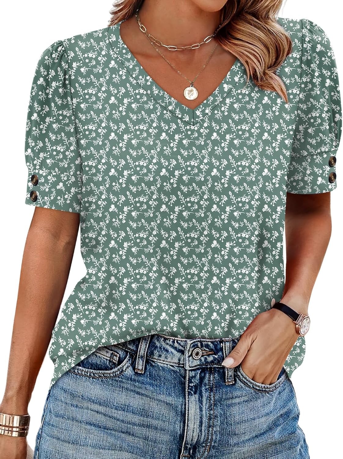 Womens V Neck Short Sleeve Tops Button Cuff Curved Hem Casual Plus Size Blouses