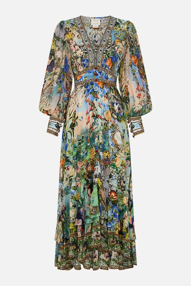 Camilla Printed V-neck Long-sleeved Bubble Sleeve Waist Women's Dress retro S-XL