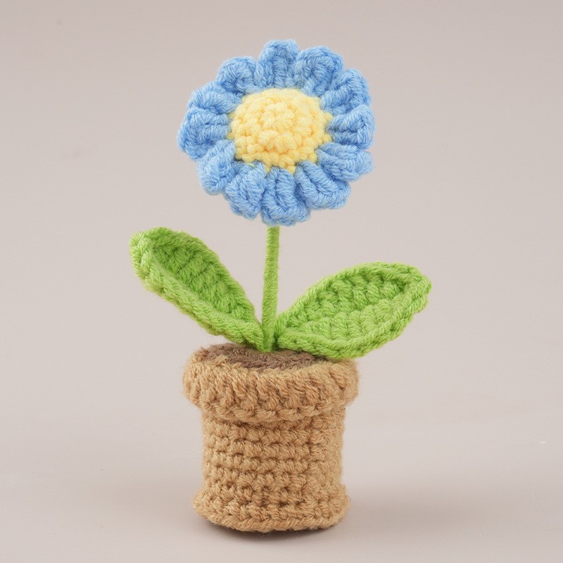 Handmade Crochet Daisy Potted Artificial Flower Desk Indoor Home Table Decor