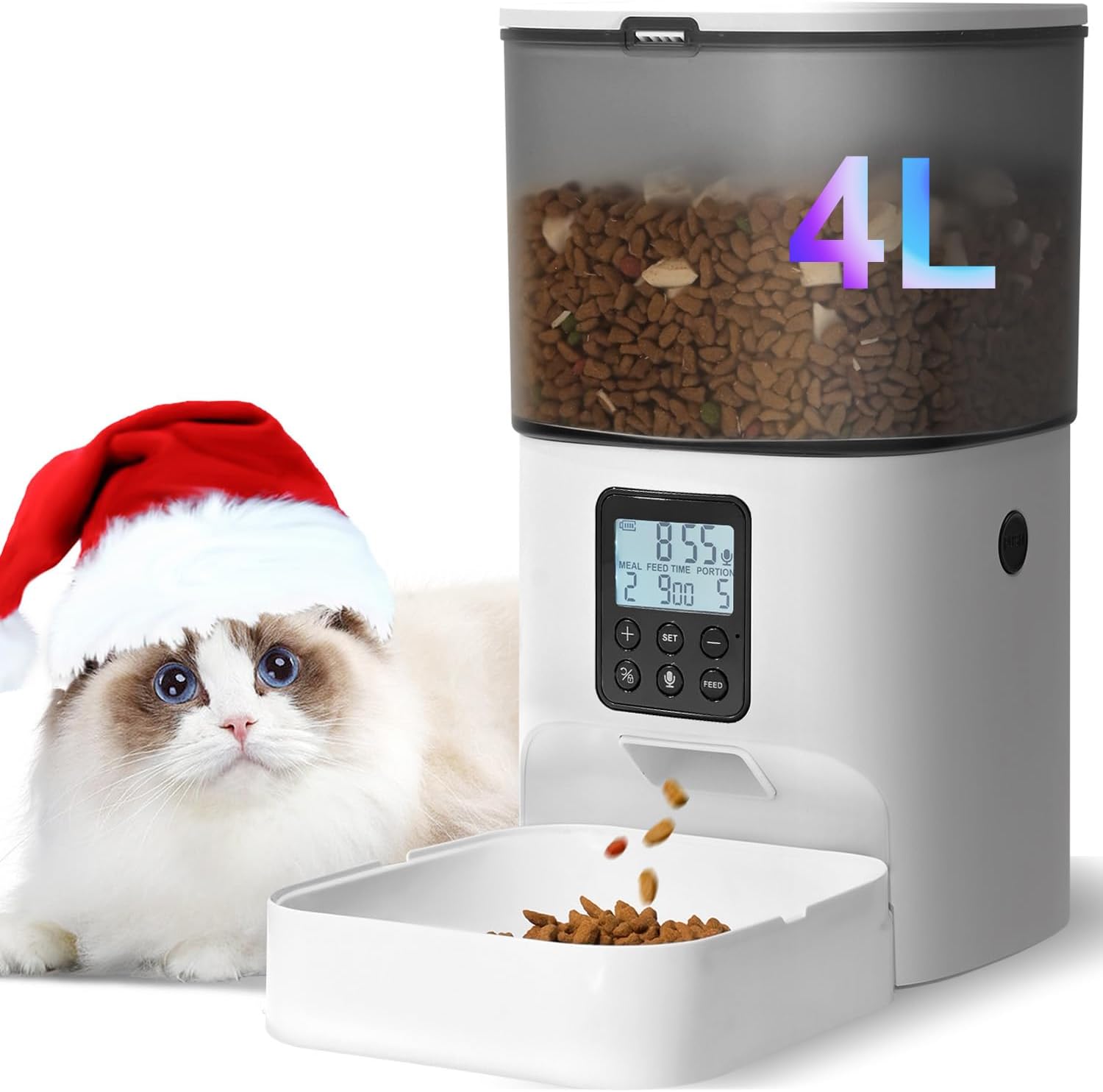 Automatic Cat Feeder 4L Anti Clog Pet Food Dispenser with Voice Recorder Timed