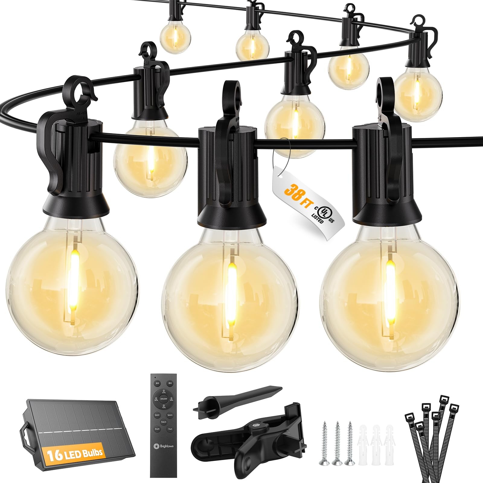 38FT Solar String Lights Outdoor Waterproof G40 LED Bulbs Remote Dimmable Garden