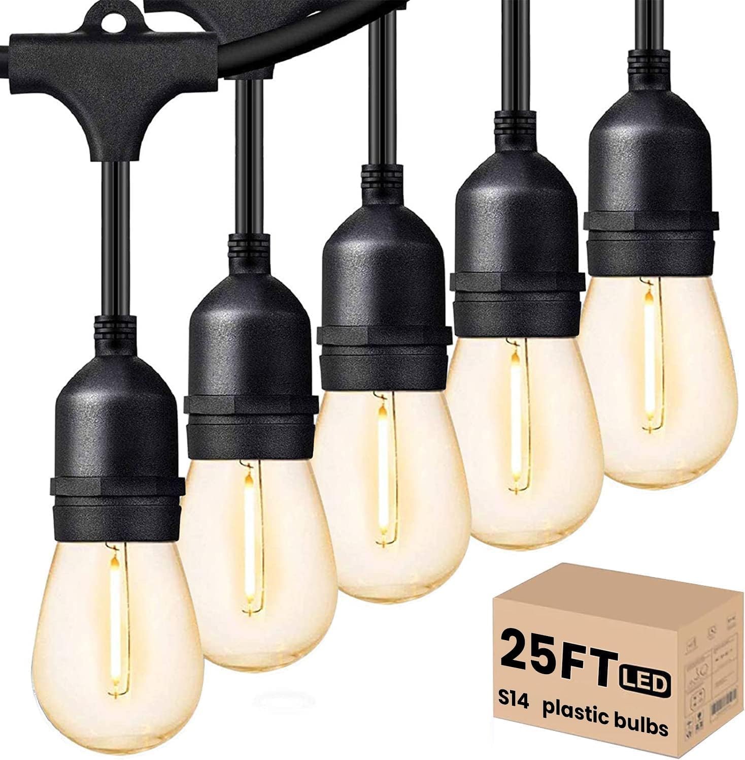 25FT Outdoor String Lights Waterproof S14 LED Bulbs Dimmable Patio Decor
