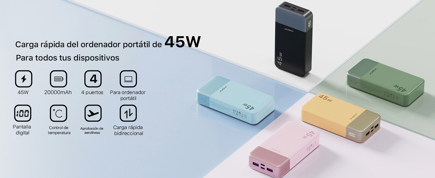 Expositor de productos promocionales que muestra dispositivos o accesorios rectangulares de colores pastel en verde menta, amarillo, rosa y azul dispuestos en un diseño de cuadrícula con íconos que indican las características.